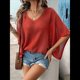 thumbnail image 4 of Camisas Holgadas de Punto Gofre con Cuello en V para Mujer, de Corta, Informales, de Verano 2025, Modernas, Lisas, Y2K. Rojo M, 4 of 10