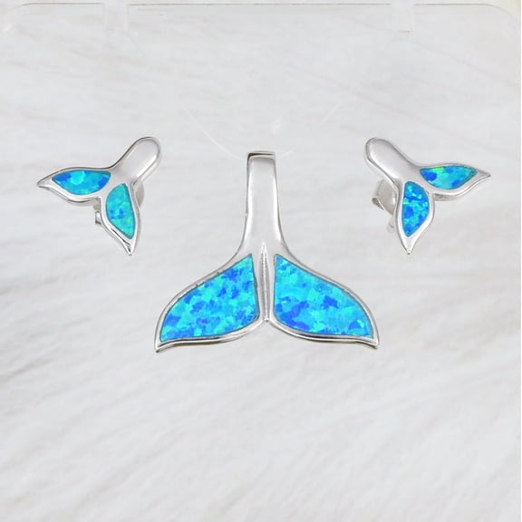 Beautiful Hawaiian Blue Opal Whale Tail Necklace and Earring, Sterling Silver Opal Whale Tail Pendant, N2030S Birthday Valentine Mom Gift
