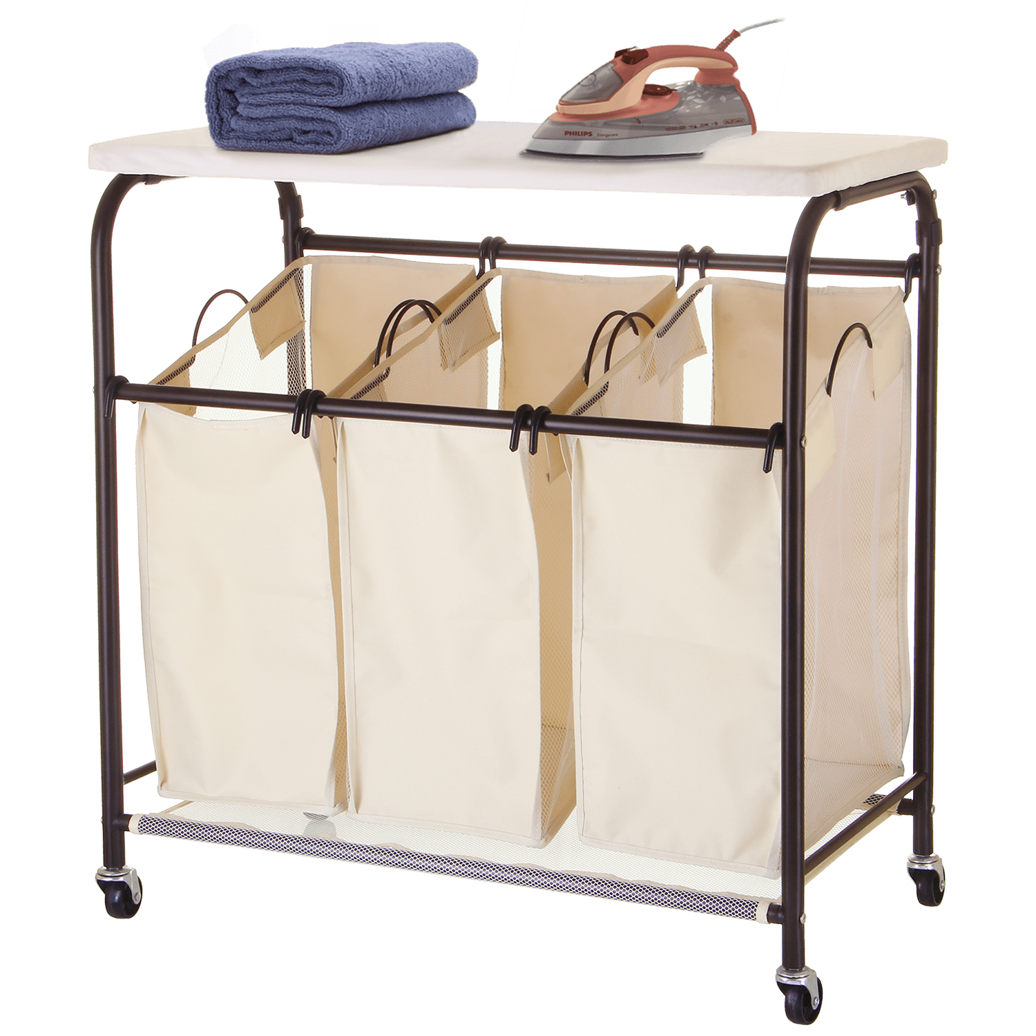 Mllieroo Mobile 3-Bag Heavy-Duty Laundry Hamper Sorter Cart/w Ironing Board