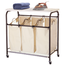 Mllieroo Mobile 3-Bag Heavy-Duty Laundry Hamper Sorter Cart/w Ironing Board