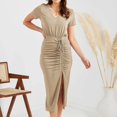 thumbnail image 4 of Sngxgn Women Square Neck Lantern Long Sleeve Ruched Mini Dress(Khaki,XXL), 4 of 7