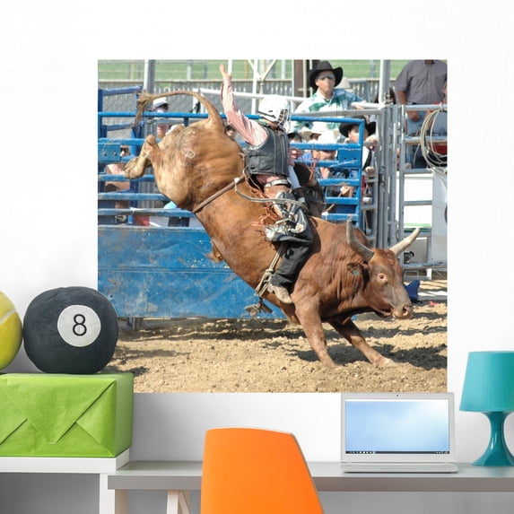 Bucking Bull Rider Wall Mural by Wallmonkeys Peel and Stick Graphic (36 in W x 34 in H) WM96687
