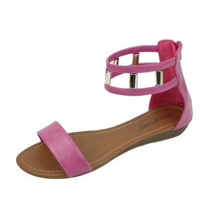 

New Women s Fashion Jewel Casual Crystal Double Braided Buckles Strap Open Toe Flat Sandal Fuchsia