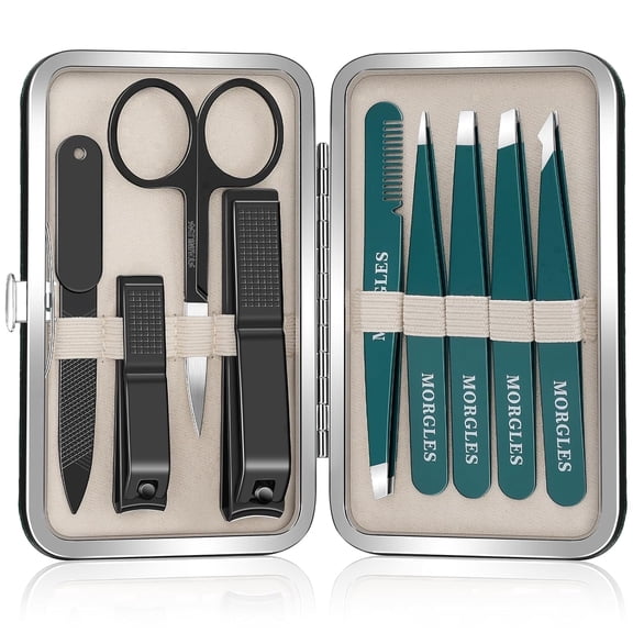 MORGLES 9 Pcs Tweezers & Nail Clipper Set – Stainless Steel Grooming Kit with Scissors, File & Leather Case – Dark Green