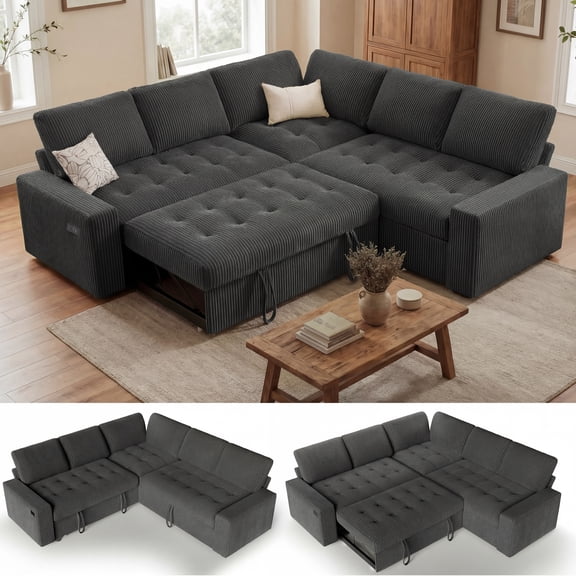 80.7" Corduroy 5-Seater Pull-Out Sleeper Sofa Bed, Convertible L-Shaped Sectional Couch with USB, Storage & Tufted Seat, Easy Assembly Modern Living Room Furniture