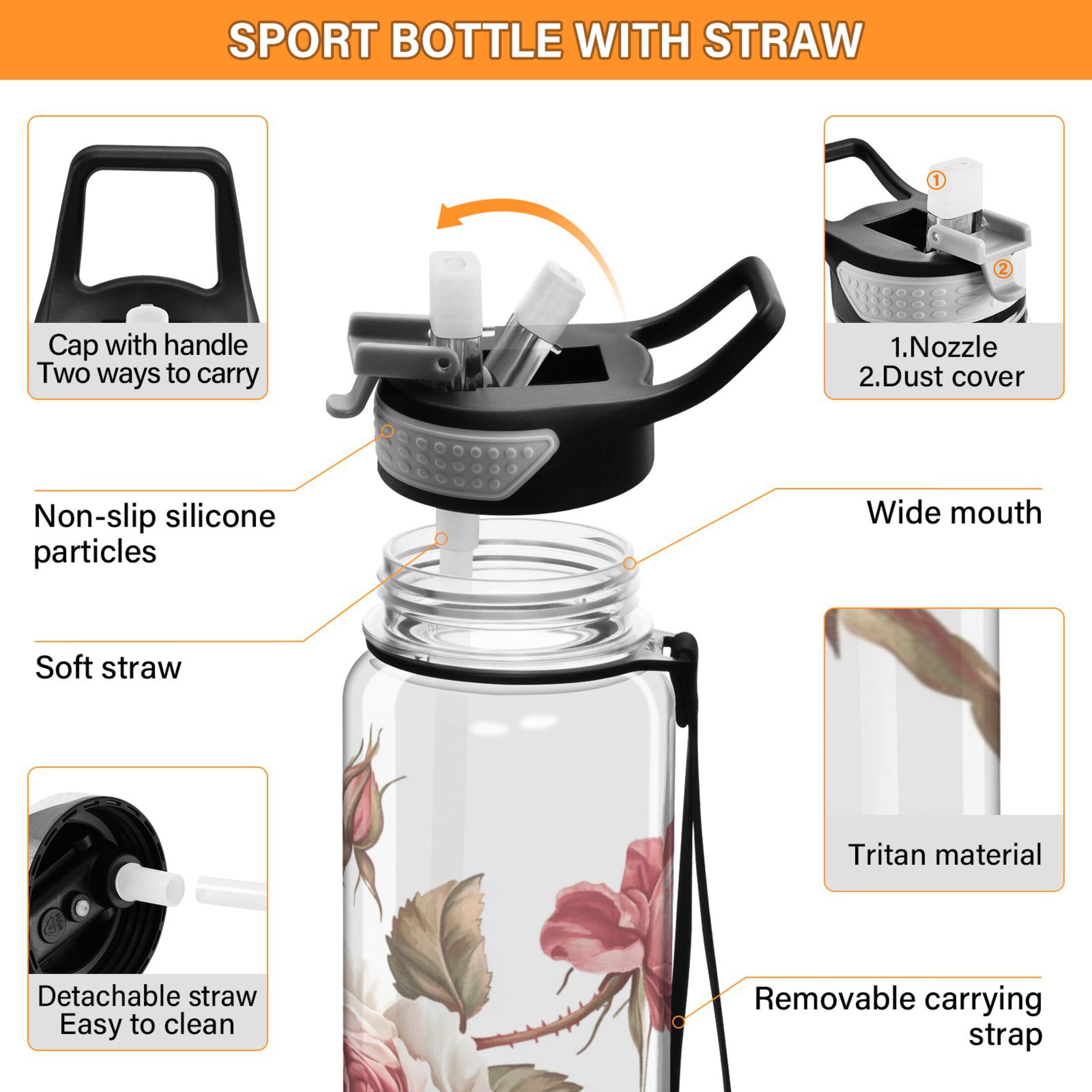 Sports Water Bottle 1000ML Tritan Food Grade Clear Water Bottle Fitness Outdoor Sports Bike Five Pink Roses