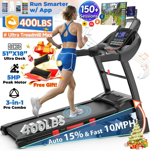 5HP Foldable Treadmill for Home w/ 15% Auto Incline, 400lbs Capacity, 10MPH Portable Treadmill, 64+7 Programs, Personalized Workout with APP,  Running Walking treadmill