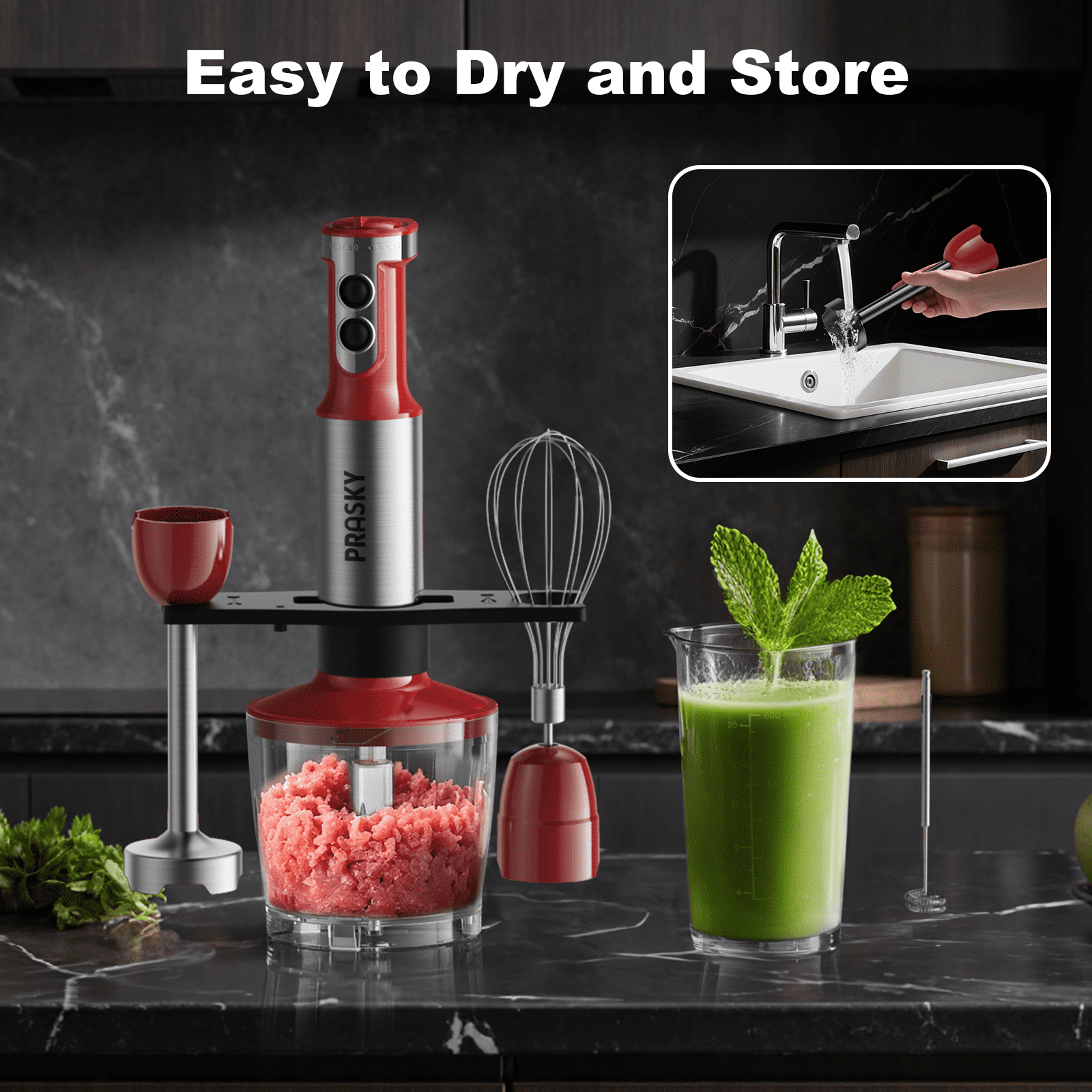 PRASKY Hand Immerision Blender, 20 Speeds Blender with Milk Frother (Red)