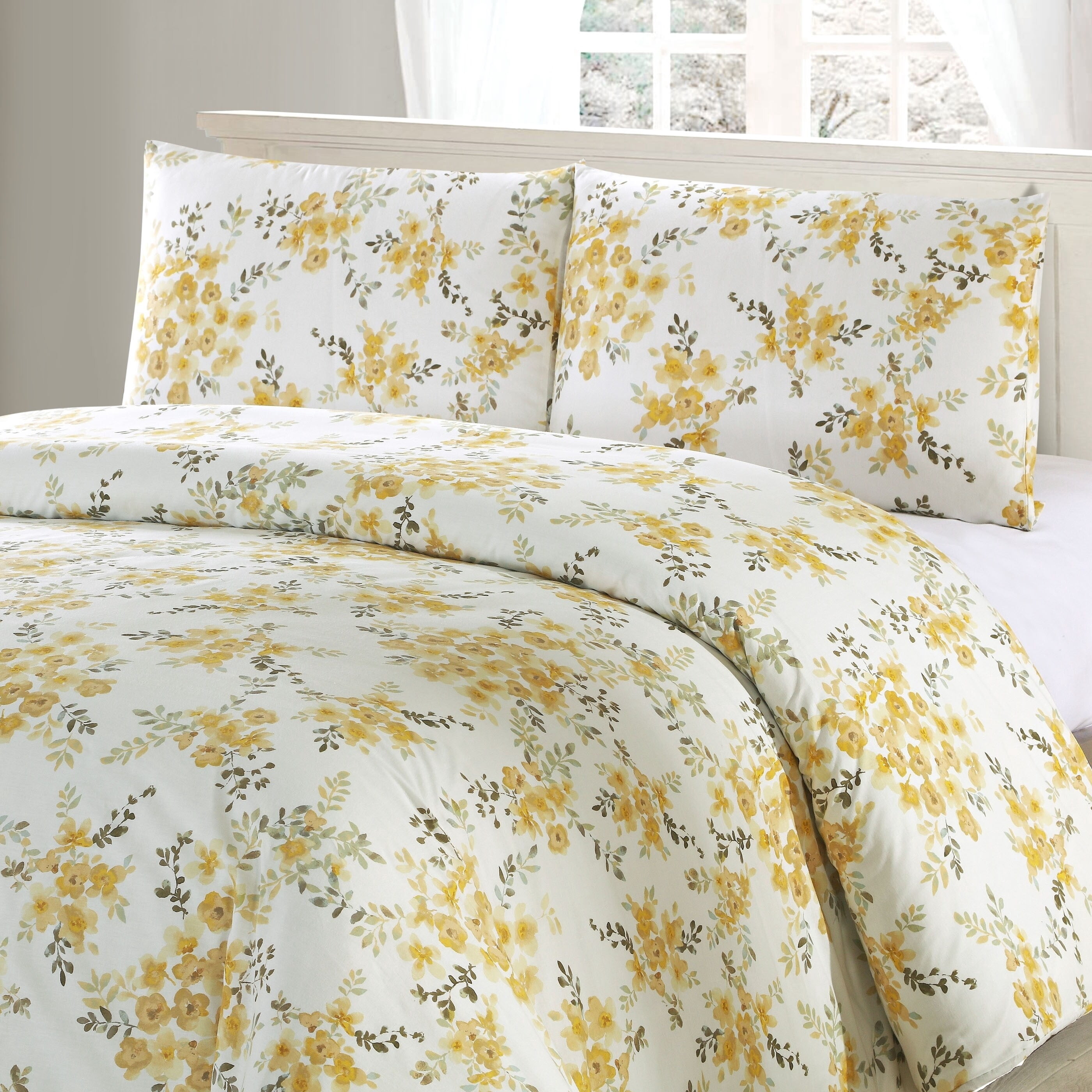Alpha Textile LLC Style Quarters Savanah Floral 3pc Duvet Cover Set-Yellow Watercolor Savannah Floral Pattern-100% Cotton-Machine Washable - King