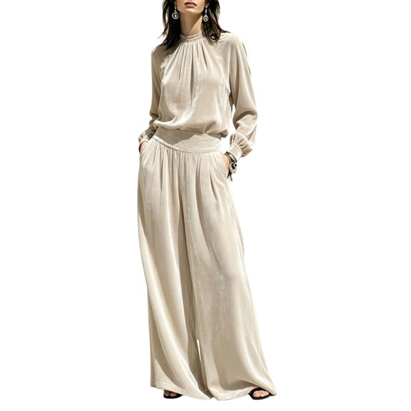 Szluipve 2 Piece Sets for Women Velvet 2 Piece Matching Outfit High Neck Pleated Long Sleeve Blouse Top & High Waist Wide Leg Palazzo Pants Elegant Party Set with Pockets Beige S