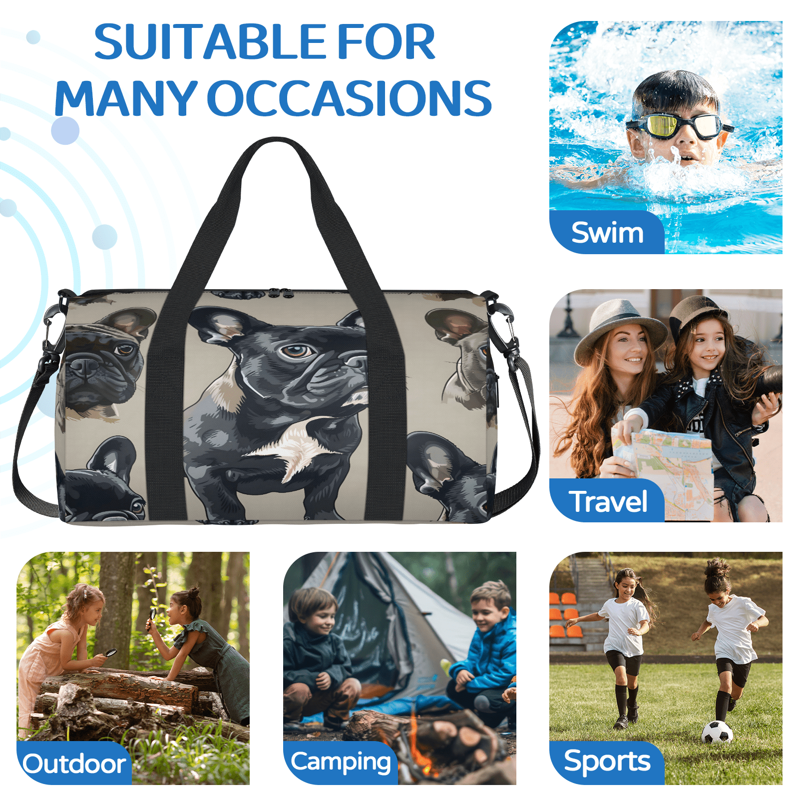 Herdesigns French Bulldog Gym Bag for Women, Duffle Bag for Travel Sport, Lightweight Waterproof Carry on Weekender Overnight Dance Yoga Workout Bags
