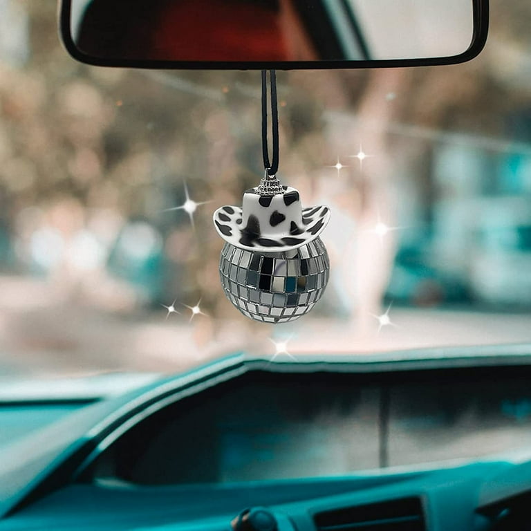 Fymlhomi Black Cow Print Car Accessories, Car Disco Ball, Disco Ball Car  Mirror Ornament, Car Mirror Hanging Accessories, Cowboy Hat Car Charm,  Disco