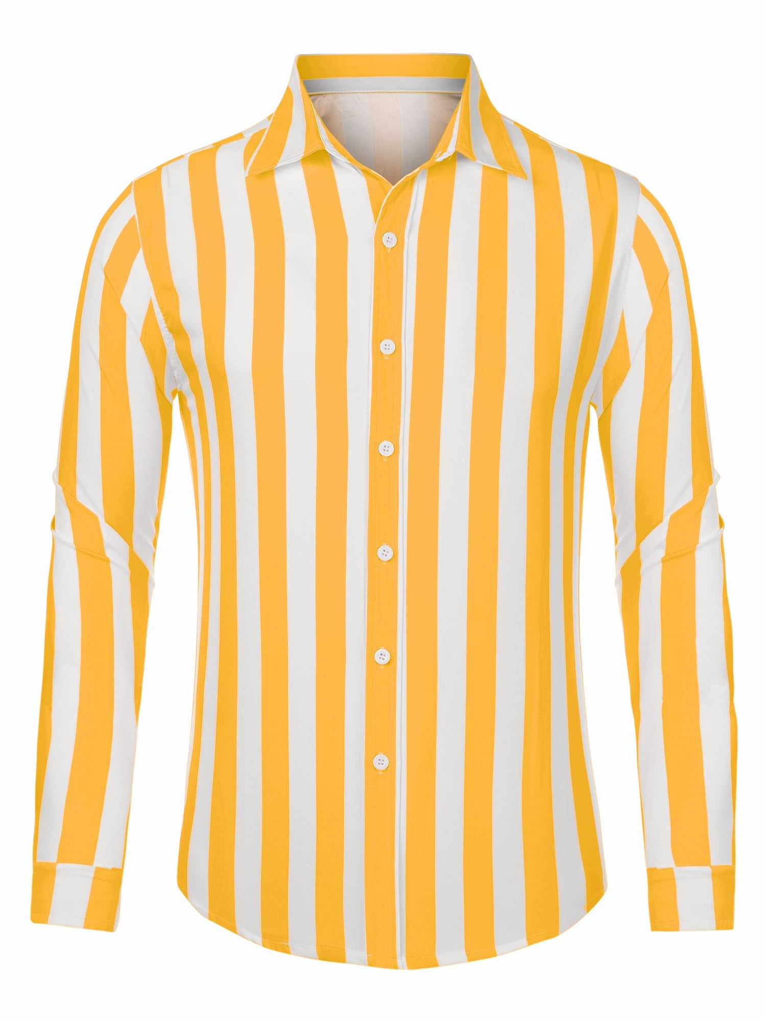 Unique Bargains Men's Casual Striped Long Sleeves Button Down Dress Shirts 2XL Yellow White