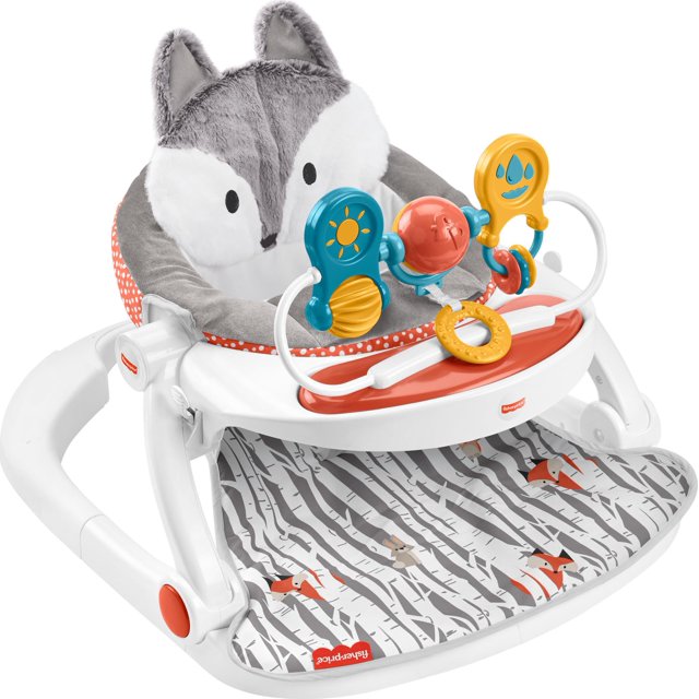 Fisher-Price Silla portátil para bebé, asiento de piso premium para sentarse con bandeja para refrigerios, barra de juguetes y cojín de asiento lavable de felpa, Peek-a-Boo Fox
