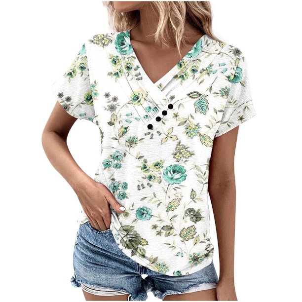 Tops Florales para Mujeres de Moda Casual V-Cuello Plisado Blusa de Manga Corta para Diario Y Fiesta