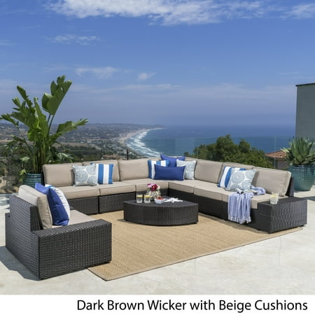 9 Piece Outdoor Sectional Christopher Knight Home Santa Cruz Outdoor 9-piece Wicker Sectional with Cushions by dark brown + beige ()