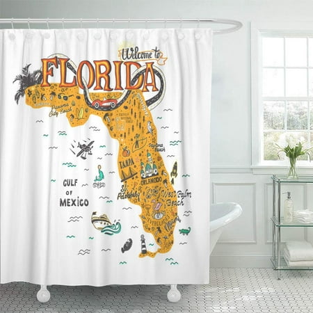 KSADK Cartoon of Florida Map with Tourist Attractions Travel Miami Drawn Hand Orlando Shower Curtain 66x72