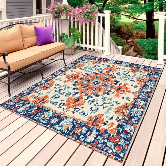 Orange Blue Ethnic Outdoor Rug for Patio/Deck/Porch, Non-Slip Large Area Rug 3 x 5 Ft, Boho Vintage Geometric Art Indoor Outdoor Rugs Washable Area Rugs, Reversible Camping Rug Carpet Runner