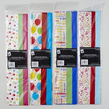 TISSUE PAPER BIRTHDAY 4AST PRINTS 8SHEET W/COORD SOLID, Case Pack of 72