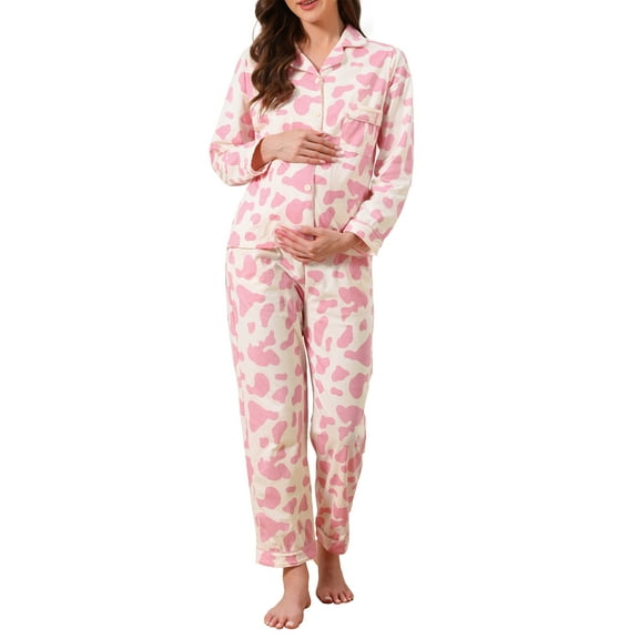 Womens Nursing Pajama Set Cotton Floral Leopard Long Sleeve Elastic Waist Pants Postpartum Breastfeeding Loungewear S Pink