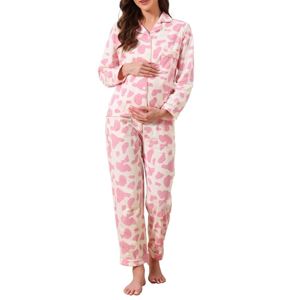 Conjunto de pijama de maternidad para mujeres, algodón, floral, leopardo, de manga larga, pantalones con cintura elástica, ropa de descanso para la lactancia, XL, rosa