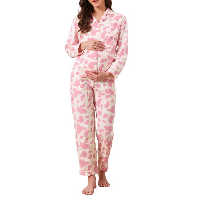 Conjunto de Pijama de Lactancia para Mujeres de Algodón Floral Leopardo de Manga Larga con Pantalones de Cintura Elástica Postparto Loungewear L Rosa