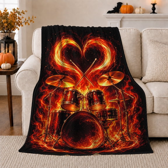 Fiery Heart Drum Set on Black, Bold Music Style for Drummers, Flame Rhythm Graphic and Father's Day Gift, Warm Flannel Blanket for Music Room and Garage, Home Decor