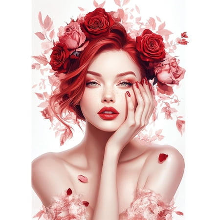 DIY Cross Stitch Kit for Beginners Beautiful Woman with Red Roses 11CT Complete Embroidery Kit with Pattern Stamped Needlepoint Craft Kit for Home Decor 30x40cm-3