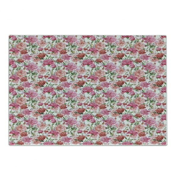 Floral Cutting Board, Joyous Botanical Concept of Summer Flowers Pink Peonies and Salmon Roses and Lilies, Decorative Tempered Glass Cutting and Serving Board, Small Size, Multicolor, by Ambesonne