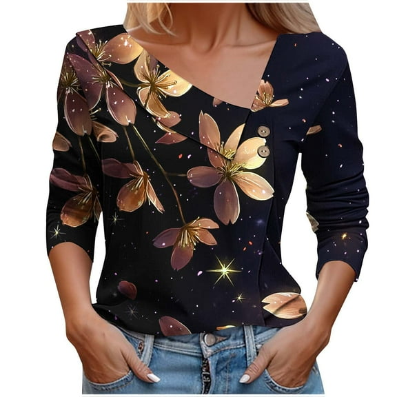 Savings Flower Printed Tee Shirts for Women 3/4 Sleeve Tops Collared Button-Up Tunic Blouses Starry Sky Pattern T-Shirt Relaxed Fit T Shirts Dressy Causal Tunics Going Out Holiday Blouse Outfits