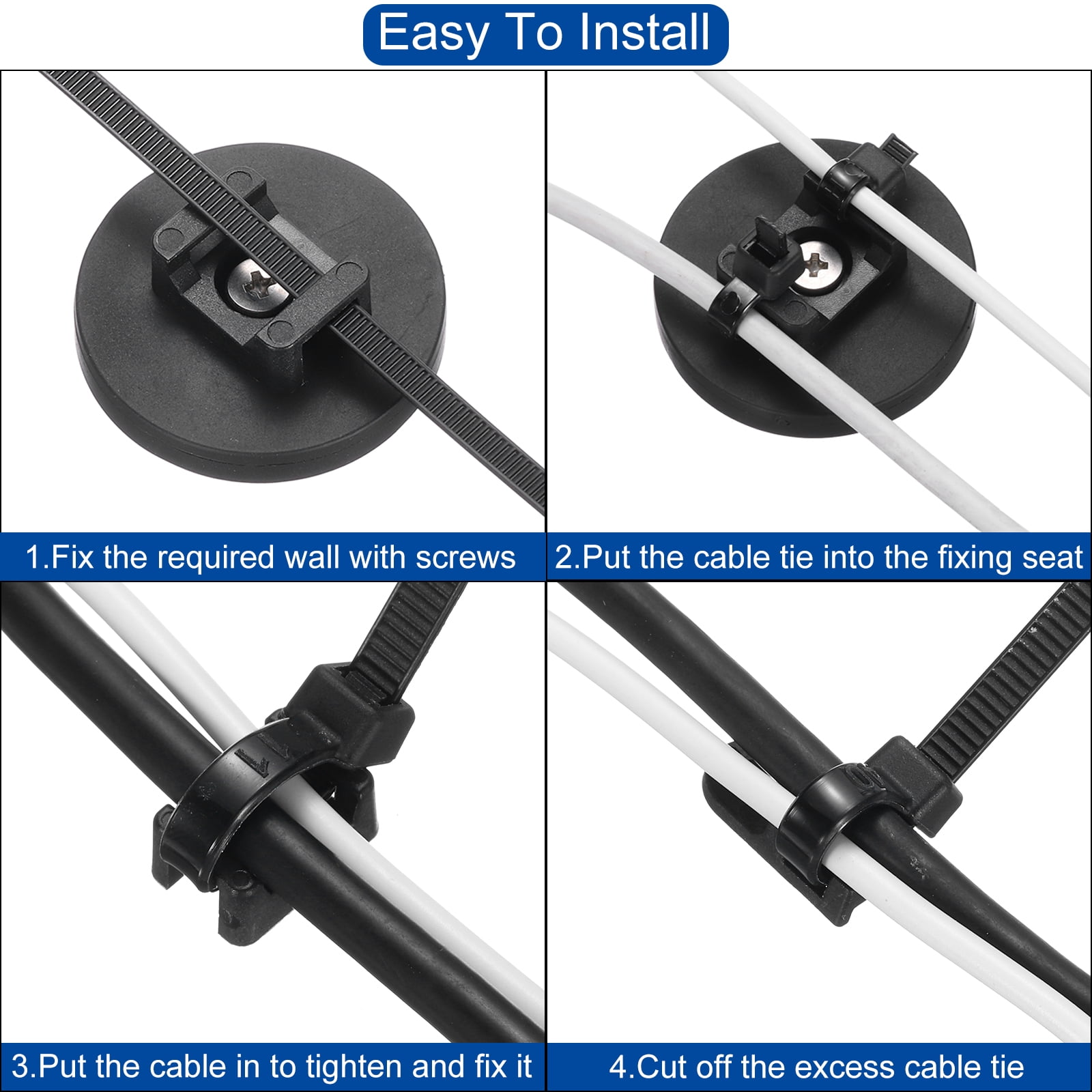 Uxcell 10Pcs Magnetic Zip Tie Mount Adjustable Cable Tie Holder with 8" Cable Zip Ties,Black