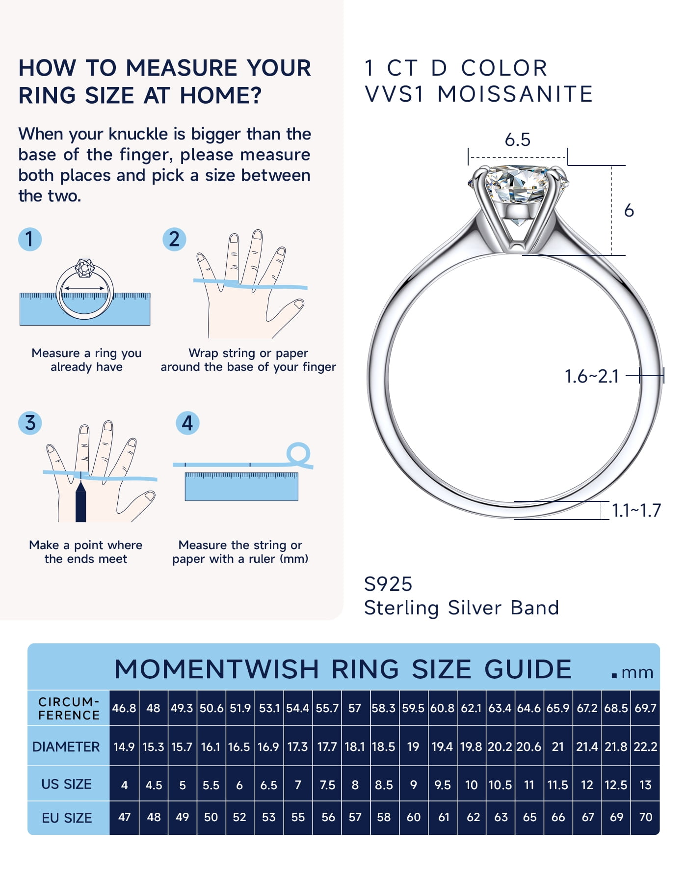 MomentWish Round Cut Moissanite Wedding Ring Set 925 Sterling Sliver Engagement Rings Bridal Set for Women