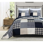 Chezmoi Collection Baldwin 3-Piece Plaid Buffalo Check Patchwork 100% Cotton Quilt Set, Queen Size