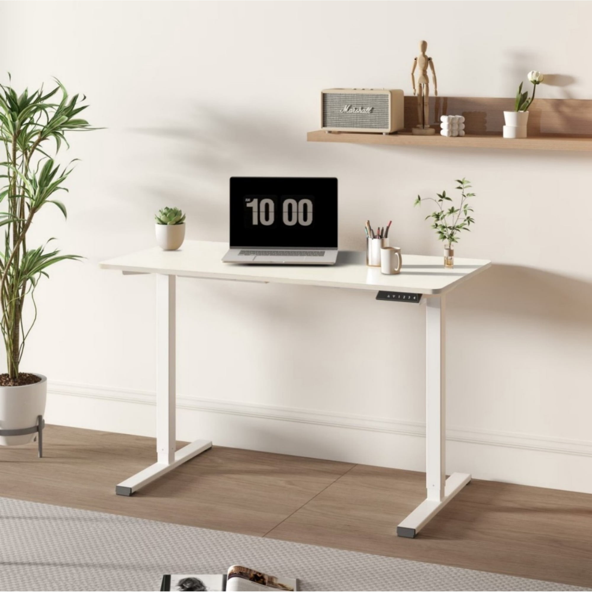 47" Electric Standing Desk, Height Adjustable Sit Stand Desk with One-Piece Desktop, Home Office Computer Workstation, White Frame & White Top