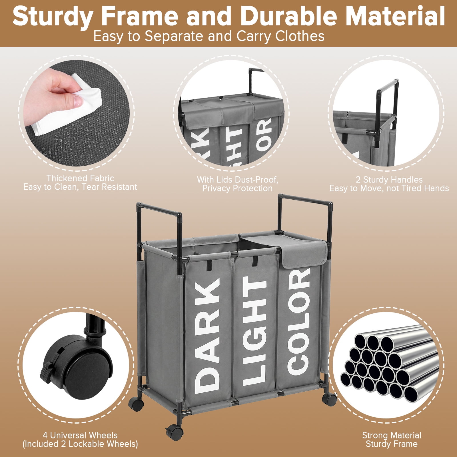 3 Section Laundry Basket with Wheels and Lids, 150L Rolling Laundry Hamper with Handle, Sorter for Clothes Toys Sundries (Gray)