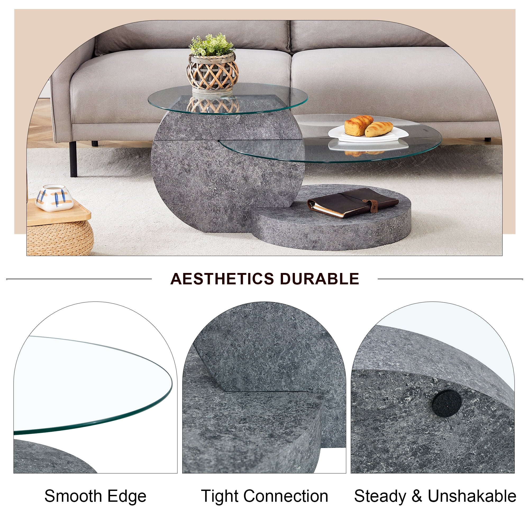 JUFU 35.4" Glass Coffee Table, Modern Round Coffee Table with MDF double-layer Gray Stone Texture Base, 2-Tier Tempered Glass Top, Easy to Assemble, Ideal for Living Room, Small Space, Home Office