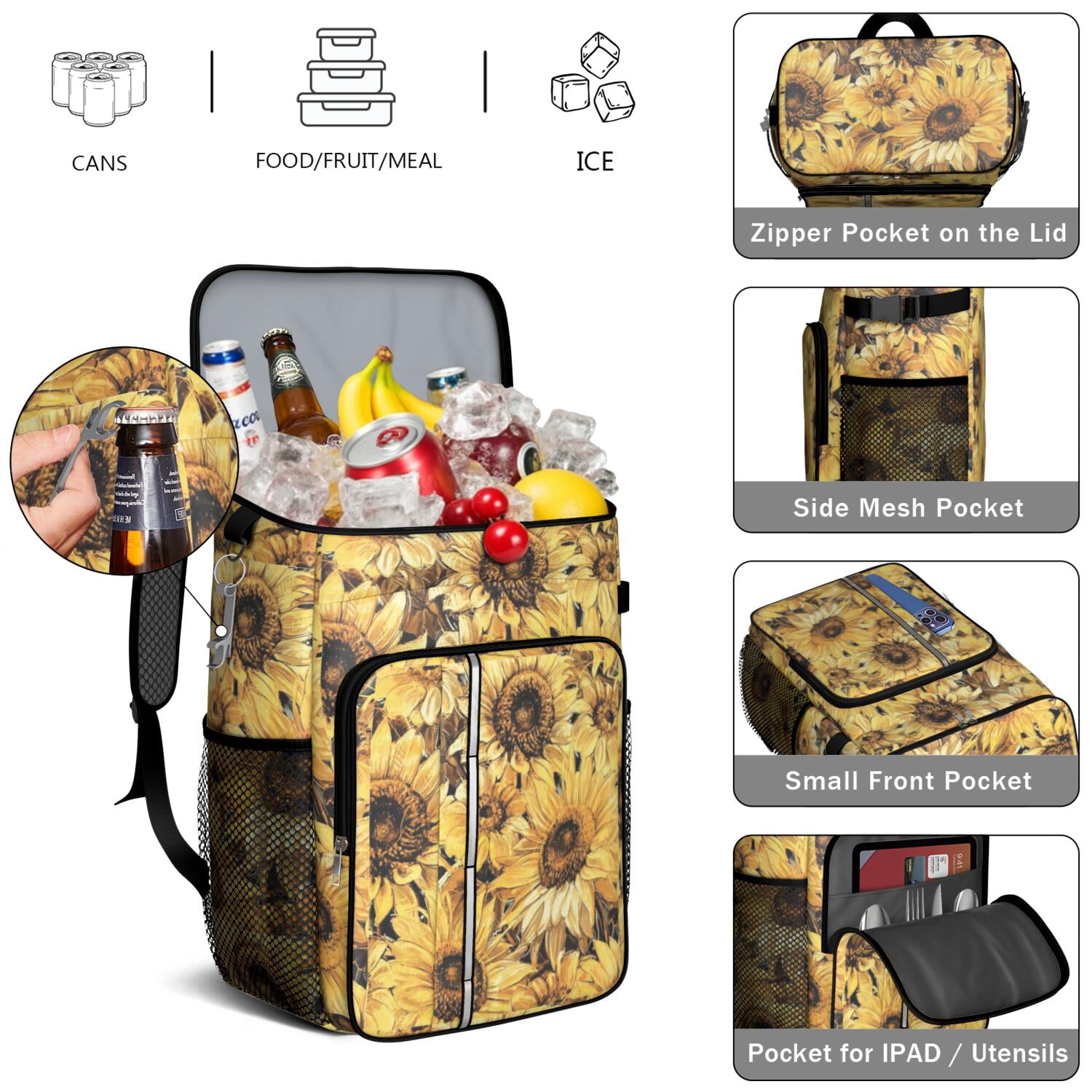 Travel Cooler Bag - Sunflower Camping Beer Cooler Backpack with Bottle Opener- Waterproof Insulated Picnic Backpacks - Cooler Bag for Beach