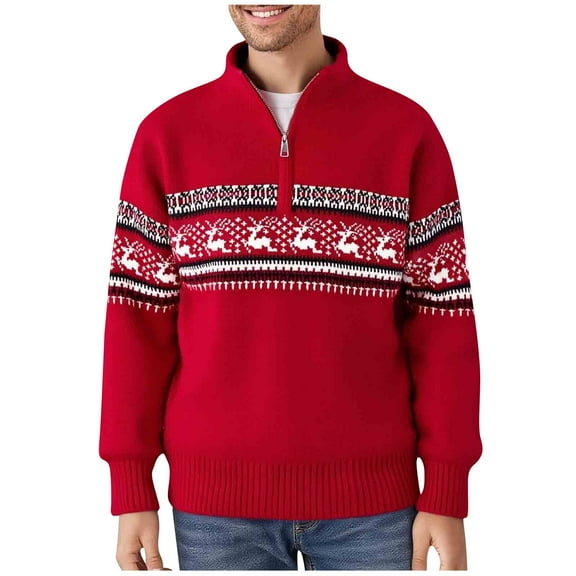 Christmas Sweater for Men Long Sleeve Mock Quarter Zip Cable Knit Pullover Tops Red XXXXL
