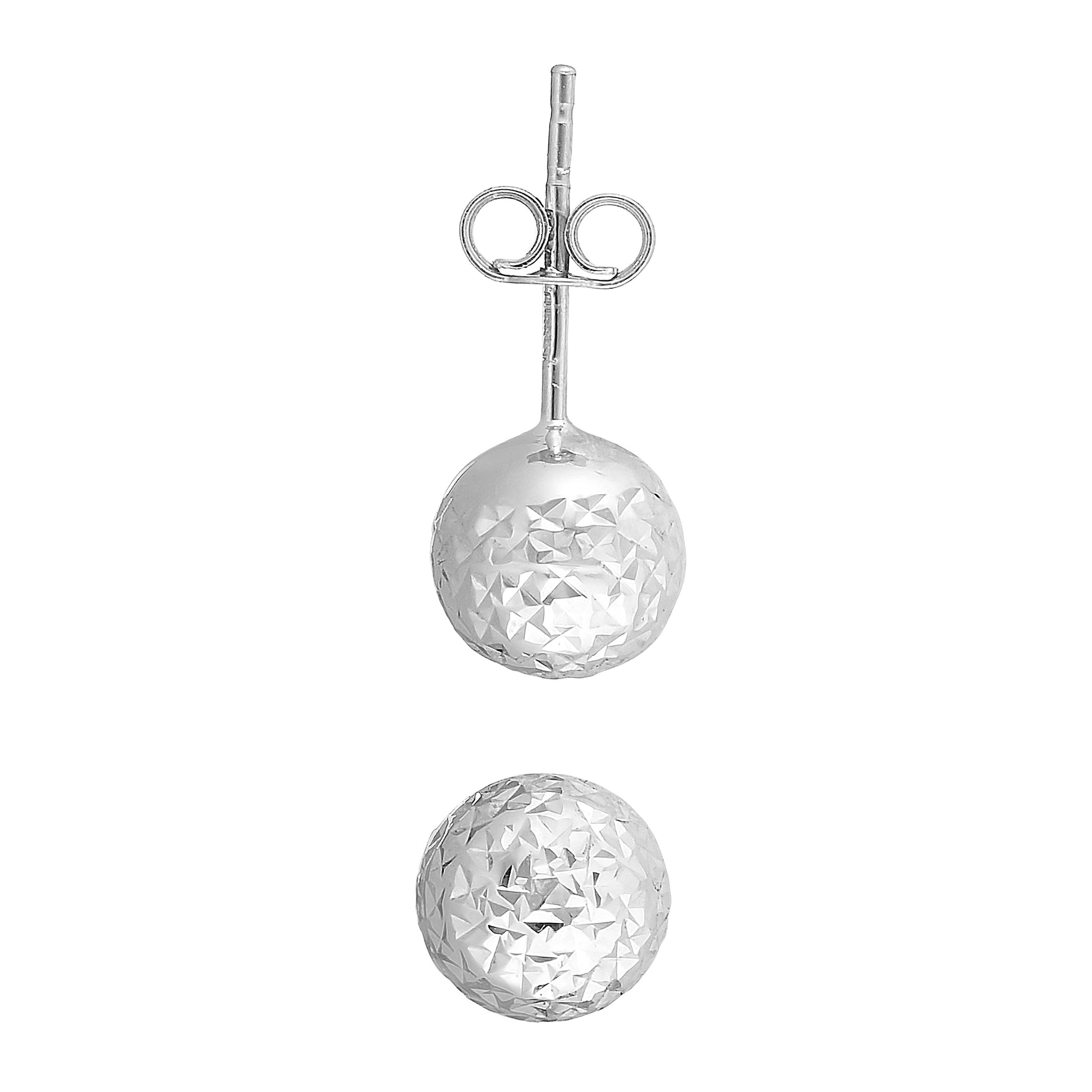 JewelStop 14K White Gold 7mm Ball Stud Earrings with Diamond Cut Textured Finish and Push Back Clasp