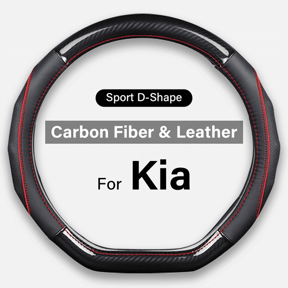 For Kia Stinger Pro Cee'd Soul Flat Bottom Steering Wheel Cover,Black Red Carbon Fiber and Leather Sport D-Shape Steering Wheel Protector- Breathable & Anti Slip, Comfort Grip