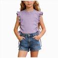 thumbnail image 3 of KPOPLK Toddler Baby Girl Ruffle Short Sleeve Shirts Little Kids Summer Crew Neck Crossback Blouse 9M-10Y Size 7-8 Years,Purple, 3 of 9