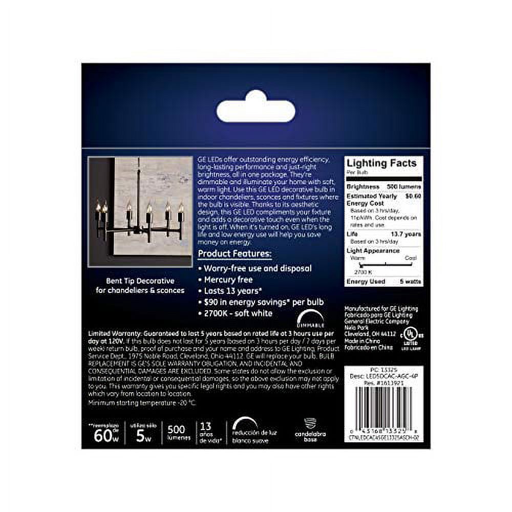 Ge 4PK 5w Led Cac Bulb, GE, 13325