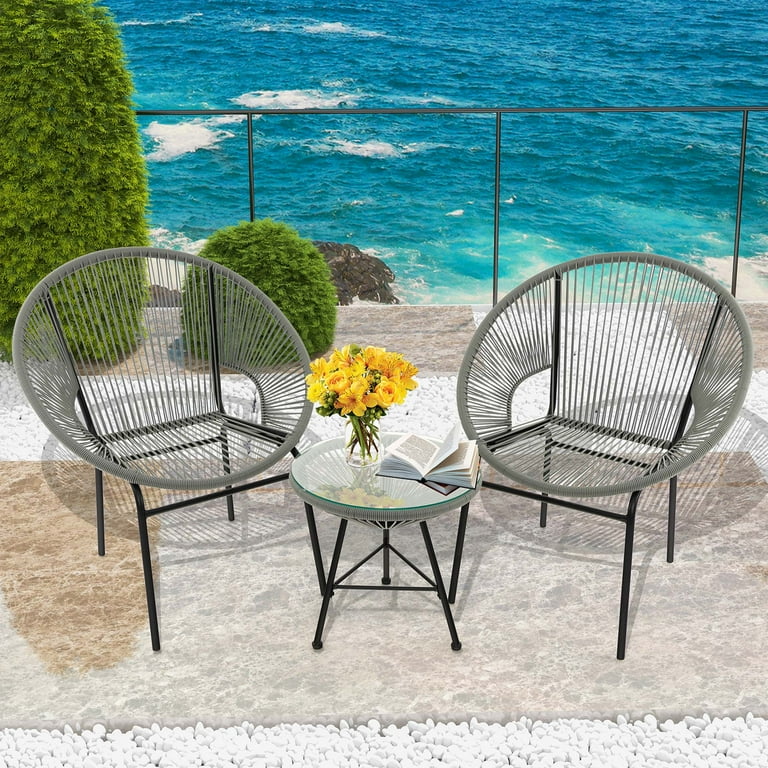 Costway 3PCS Patio Acapulco Bistro Set Plastic Rope Glass Table