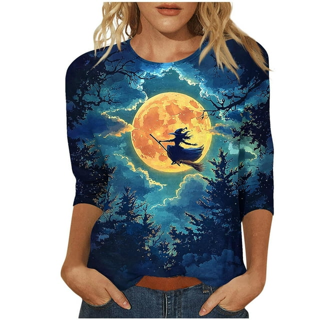 WZXFASHION 2025 T-Shirts d'Halloween pour Femmes Manches 3/4 T-Shirts Graphiques Sorcière Tops de Festival Chandails en Molleton Col Rond Articles en Liquidation T-shirt à Manches Longues pour Femmes