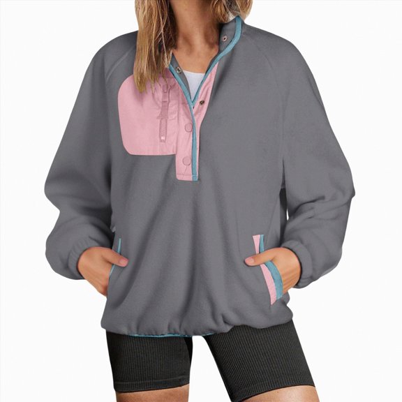 Towmus Sweatshirt for Women Plus Size Fuzzy Fleece Jacket Color Block Button Long Sleeve Pullover Casual Sweatshirts Tops