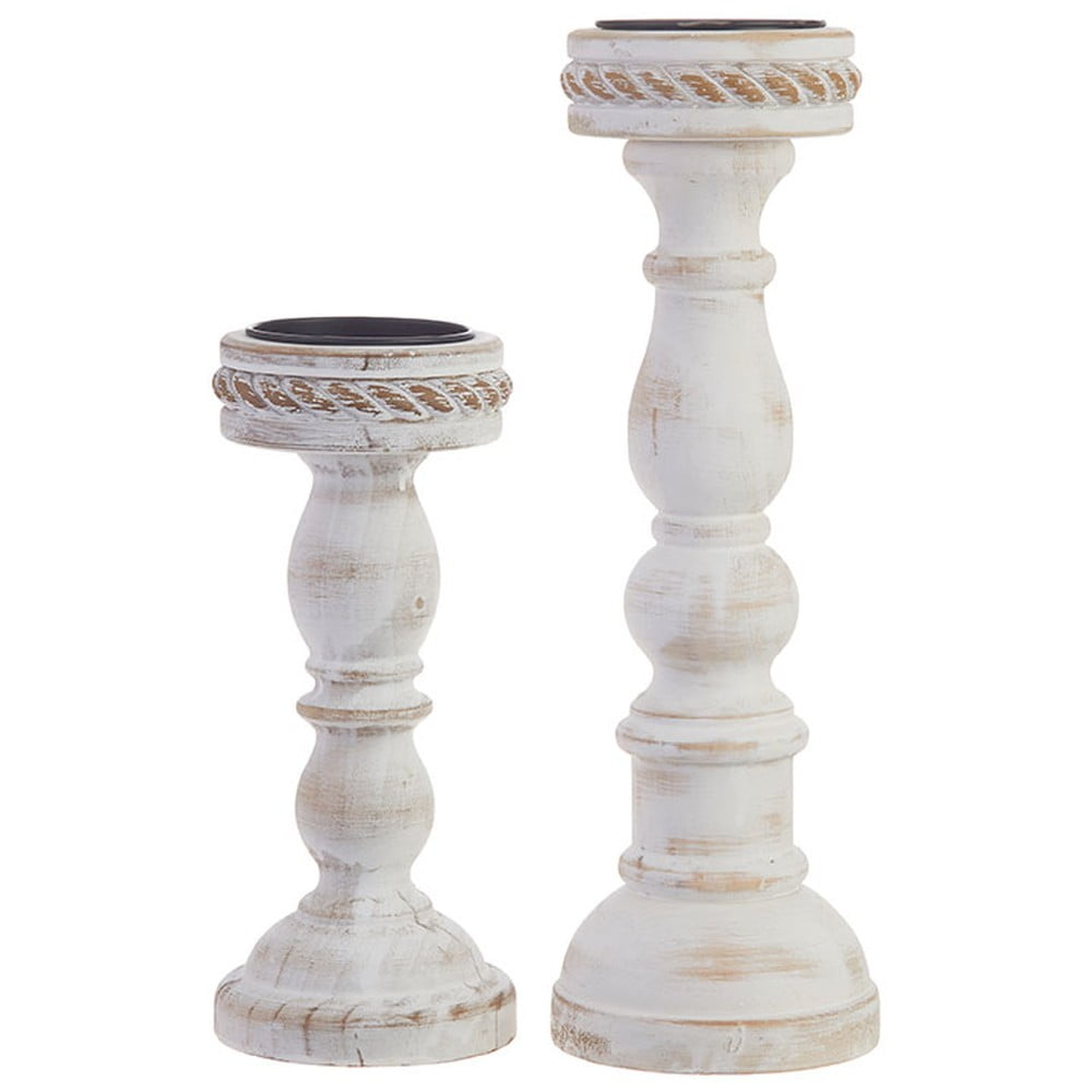 Distressed White Pine Wood Candle Holder Set, 15.75"