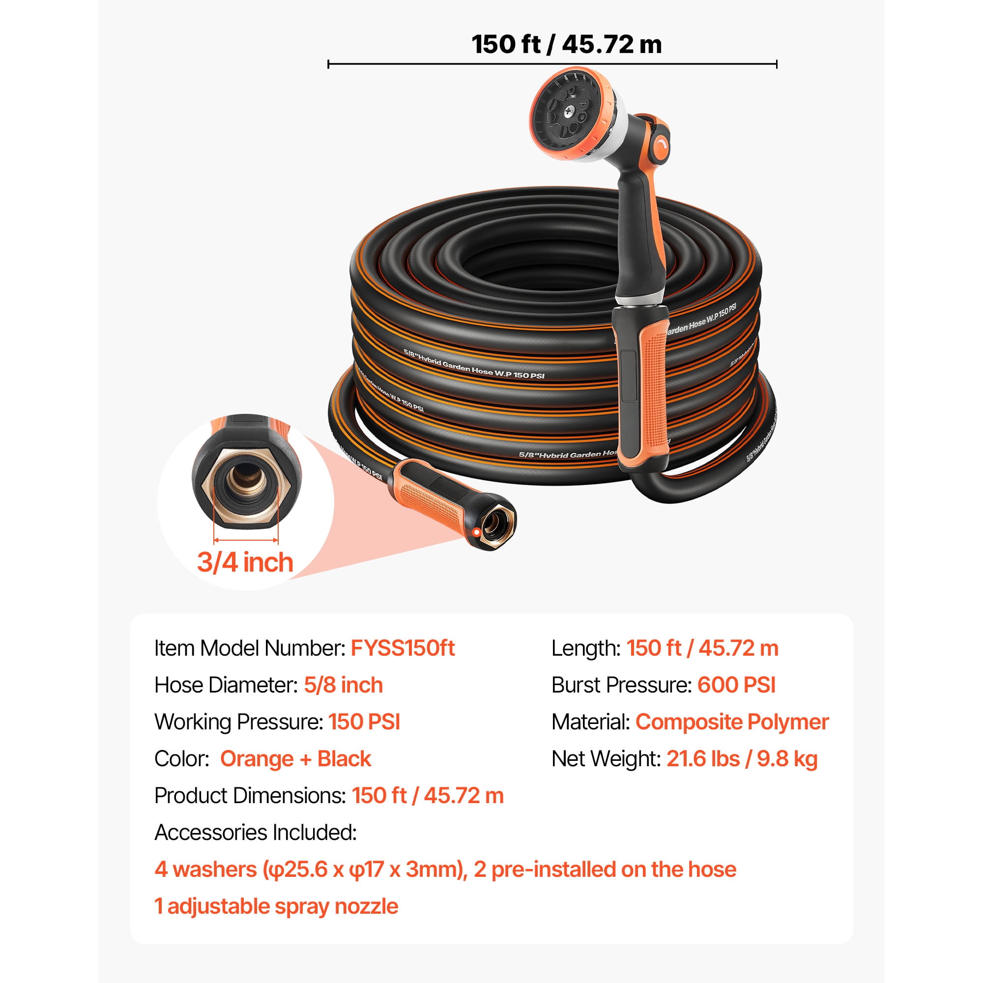 KFFKFF 150 ft 5/8" Heavy Duty Rubber Garden Hose with 10-Mode Spray Nozzle, 150PSI Working Pressure & 600PSI Burst Strength, Flexible Non-Kink Outdoor Water Hose with 3/4" Fittings, Lightweight