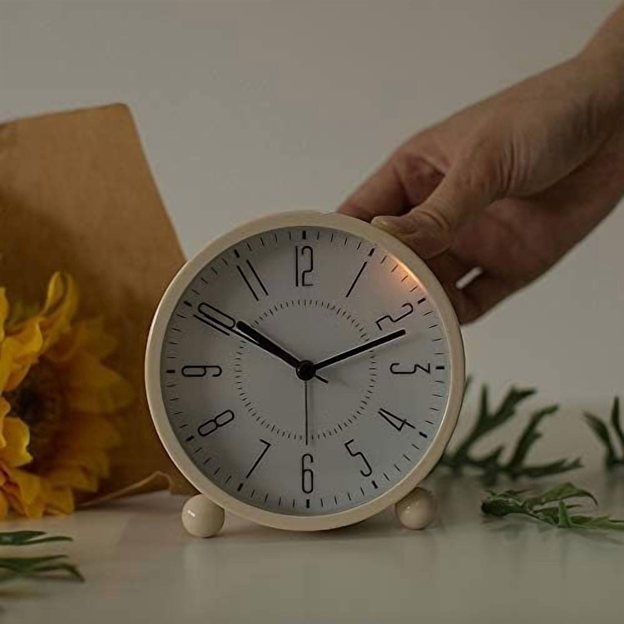 Super Silent Metal Alarm Clock,Beep Wake Round Alarm Clock with Night Light,Battery Operated,Easy Set,Simple & Retro for Desk, Bedroom and Home Decoration(Creamy White)
