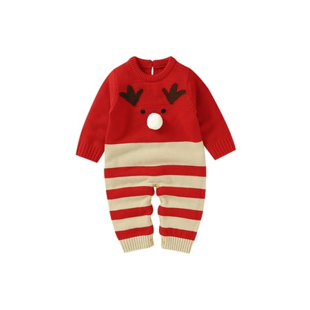 

Bebiullo Newborn Baby Girls Boys Christmas Reindeer Romper Overalls Xmas Sweater Jumpsuit Knitted Outfit Red 3-6 Months