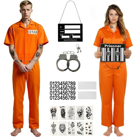 15 Piece Prisoner Costume Orange Jumpsuit Inmate Costume Set Prison Jail Jumpsuit Halloween Criminal Accessories